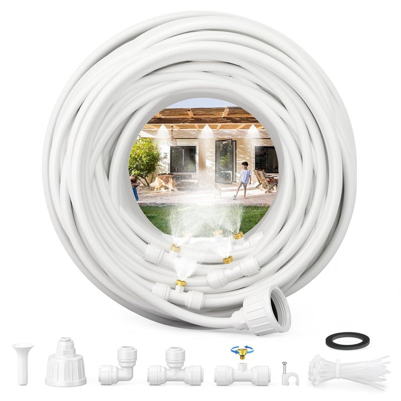Misigo Misting Systems White, Outside Patio Misters, 100FT Misting Cooling System+30 Brass Mister System+2 PE Antioxidant Adapters 3/4"+2 Tee Adapters+2 90 Degree Elbows for Pasture&Garden&Gazebo (White) - Image 1